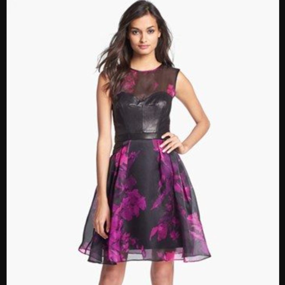 MILLY fuchsia and black organza and leather bustier dress